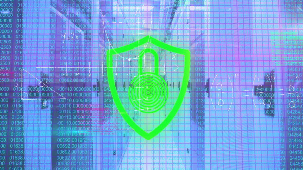 디지털 락의 애니메이션, 수학적 방정식 및 컴퓨터 서버를 통해 데이터 처리.