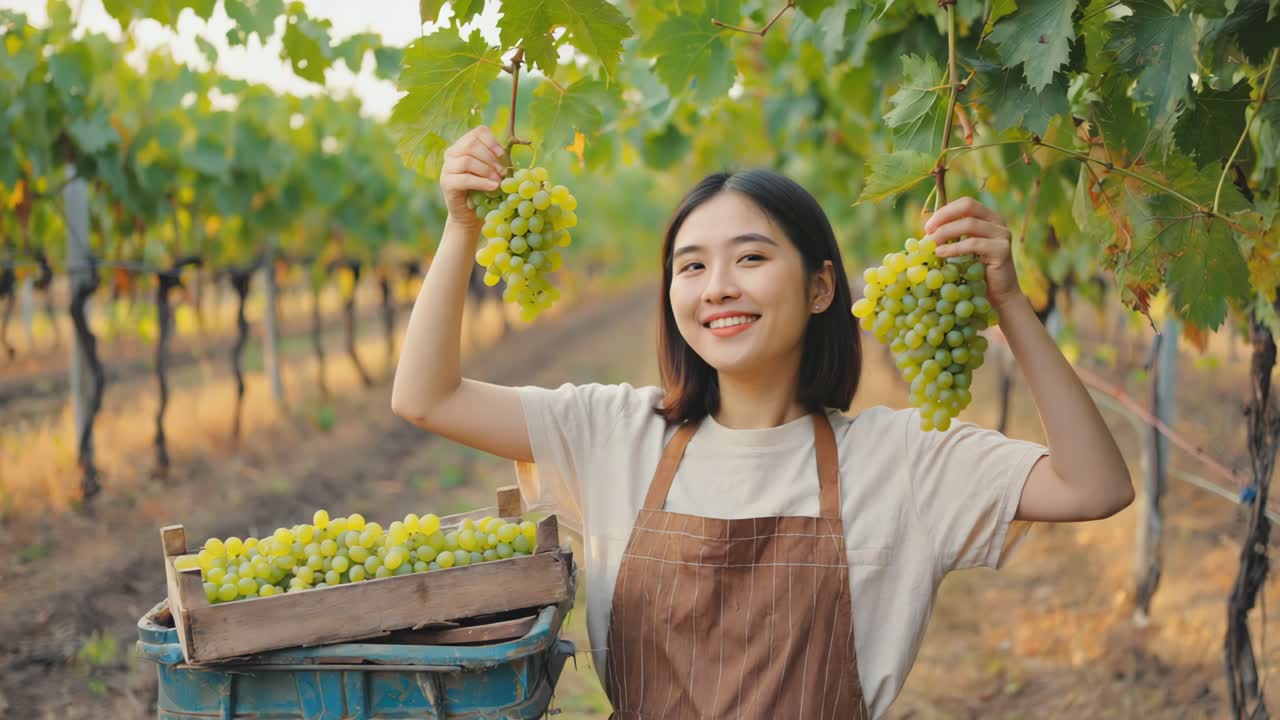 포도 에서 포도 를 수확 하는 여자