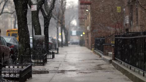 snow tumbling down on cold winter brooklyn street, in new york - long medium shot