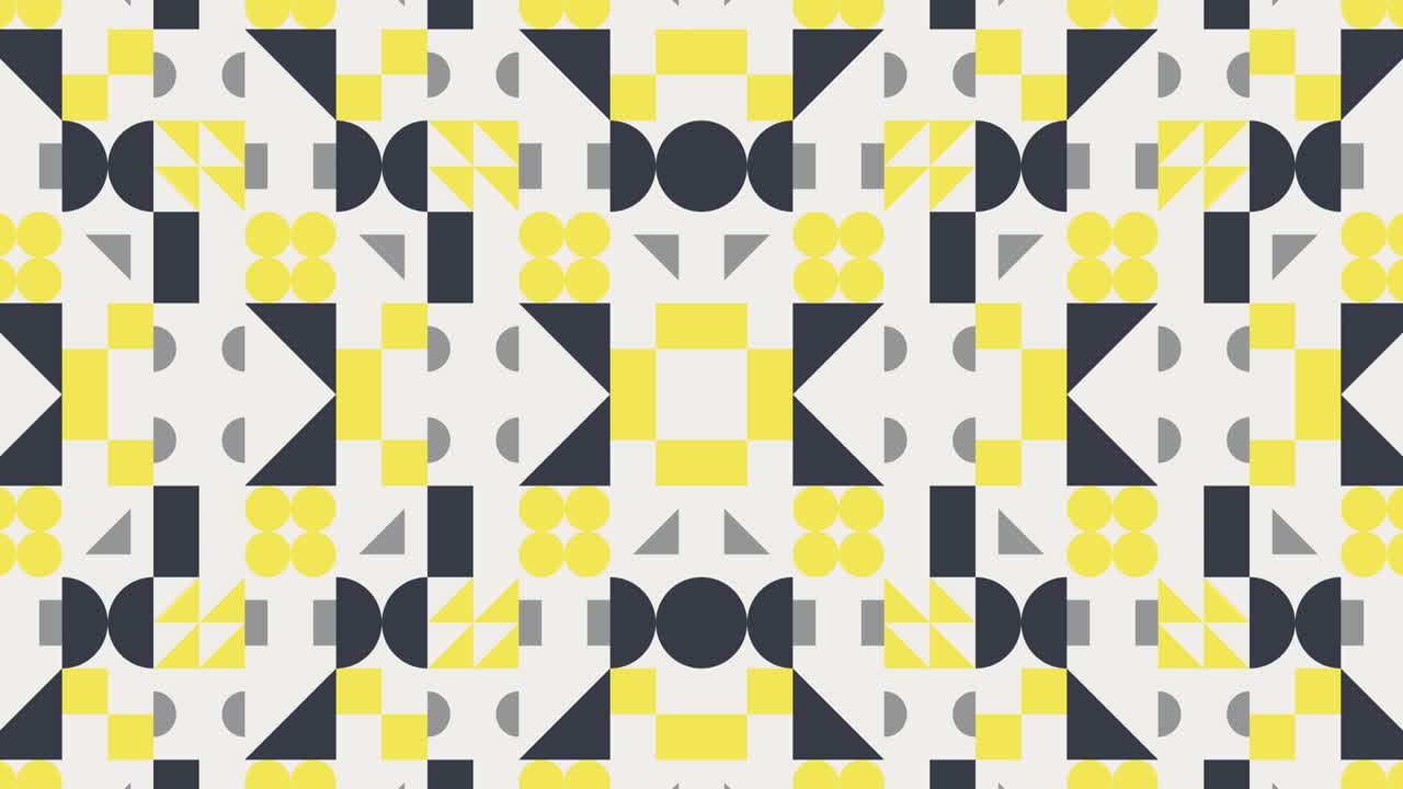 Symmetrical design in fashionable yellow and grey. Geometric moving tiles in a seamless loop motion graphic mosaic