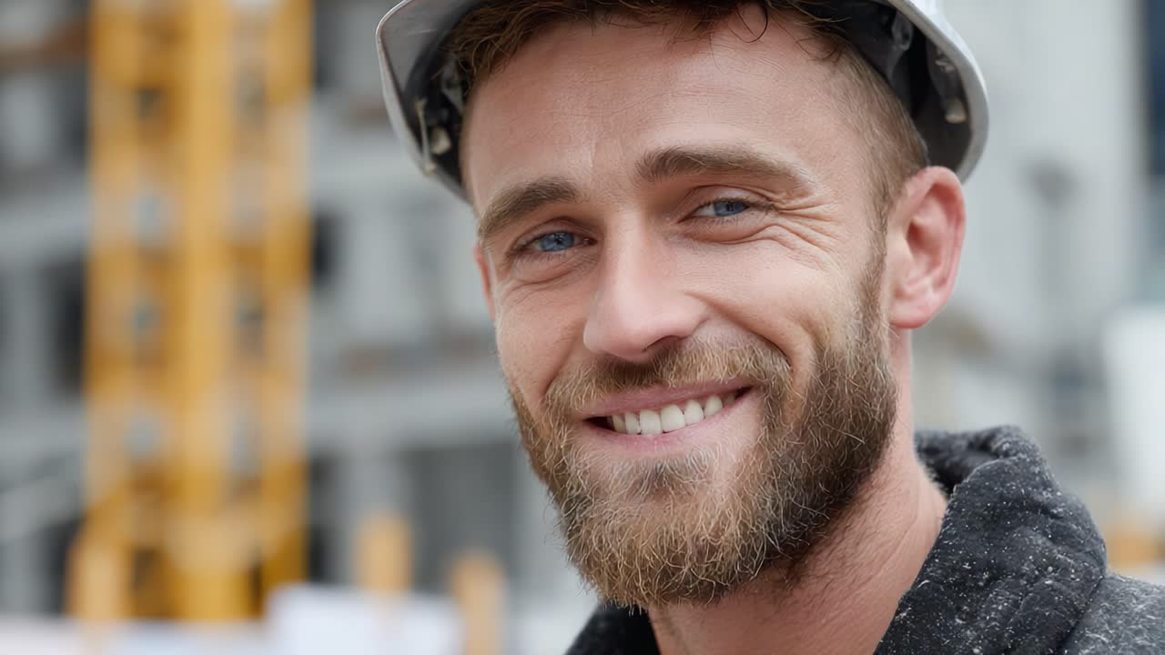 En blid bygningsarbeider som smiler selvsikkert og viser engasjement og profesjonalitet på en travel byggeplass, og fremhever sin rolle i byggeprosessen