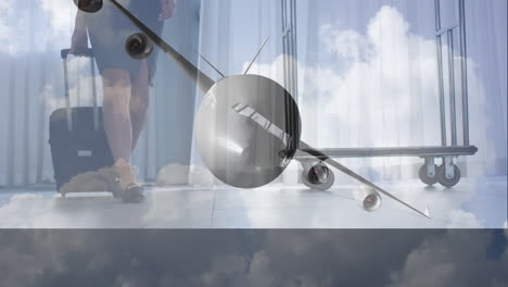 animation of airplane over caucasian female flight attendant with suitcase
