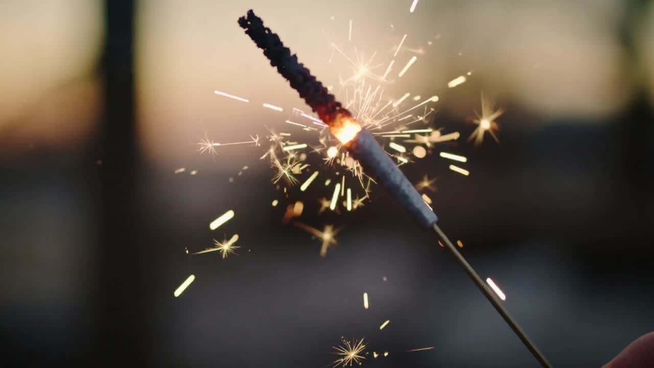 Igniting metal-handled sparkler emitting bright star sparks at dusk, creating drifting embers