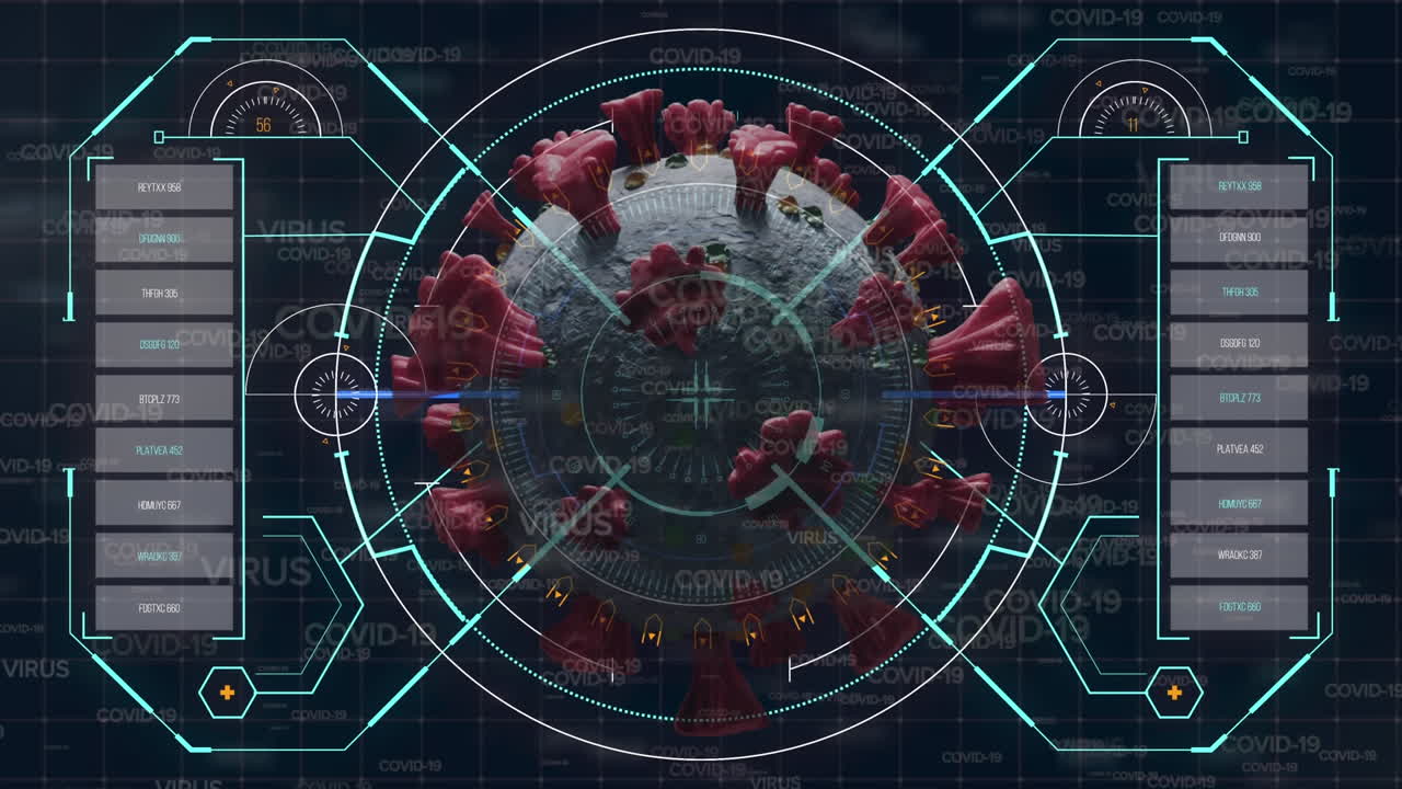Animation of scope scanning, showing macro Covid-19 cell and statistics on black background