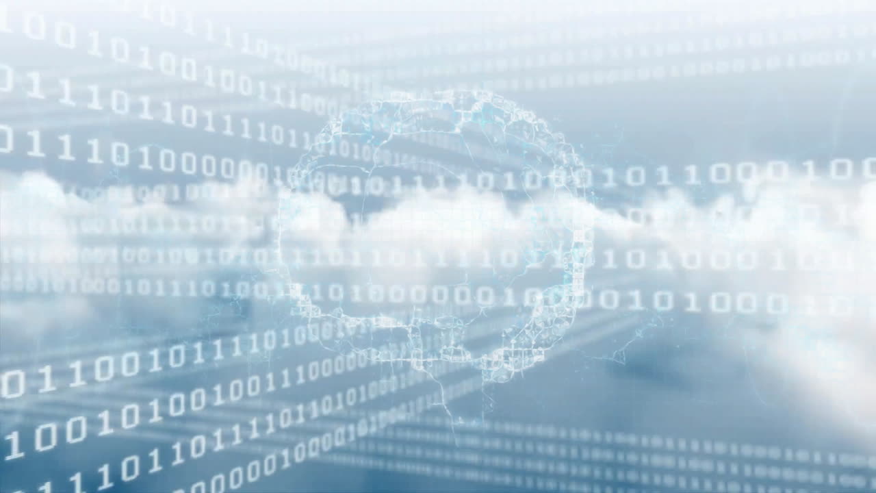 código binario y animación de computación en la nube sobre un fondo de cielo nublado