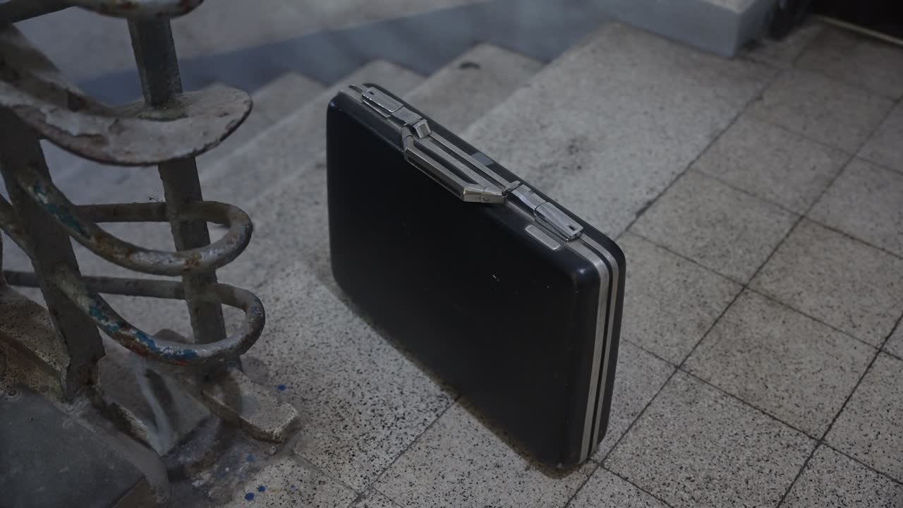 Unattended black briefcase left on a concrete stairwell. Suspicious placement, secret drop, espionage exchange, or potential threat. Evokes tension, mystery, and cinematic intrigue. money bag