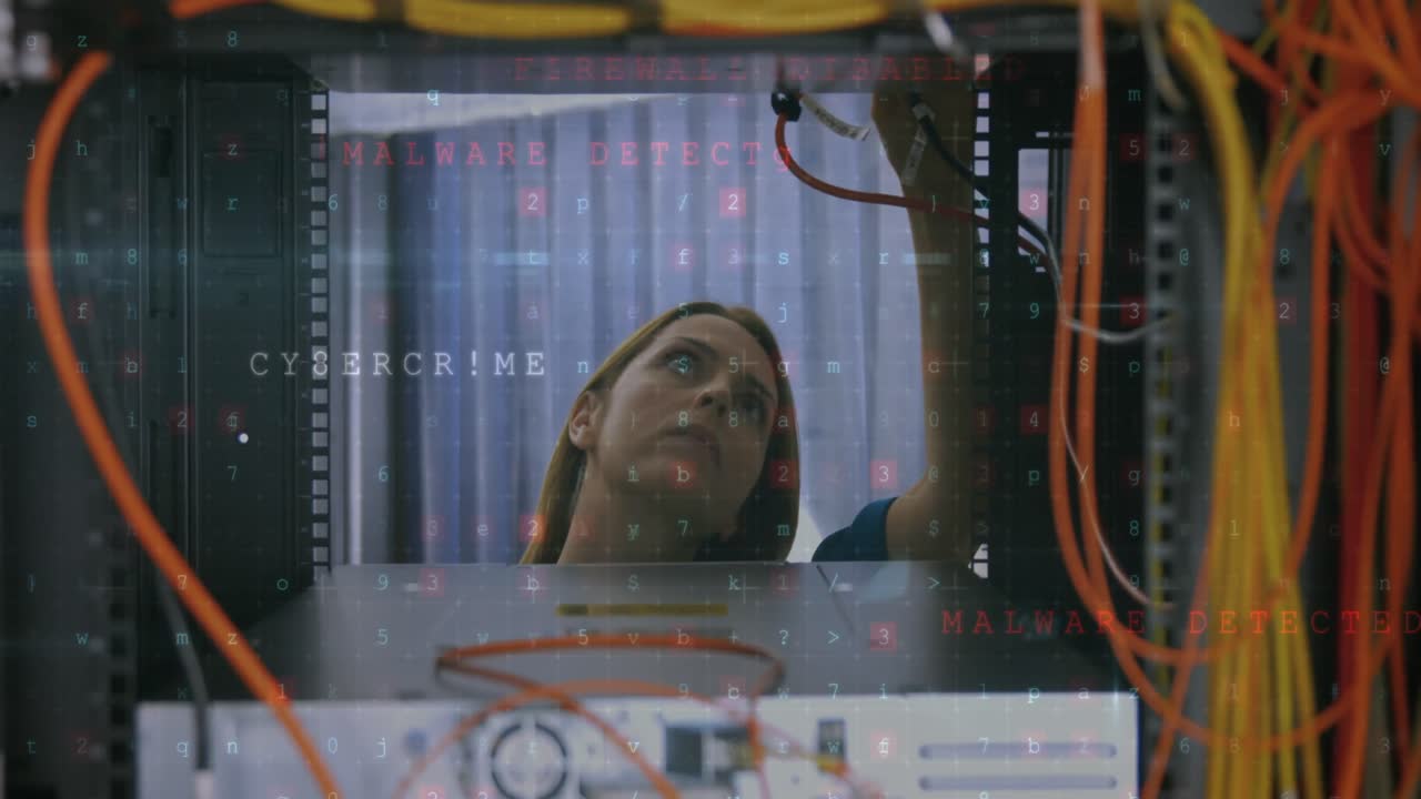 Animation of financial data processing over female caucasian server room worker