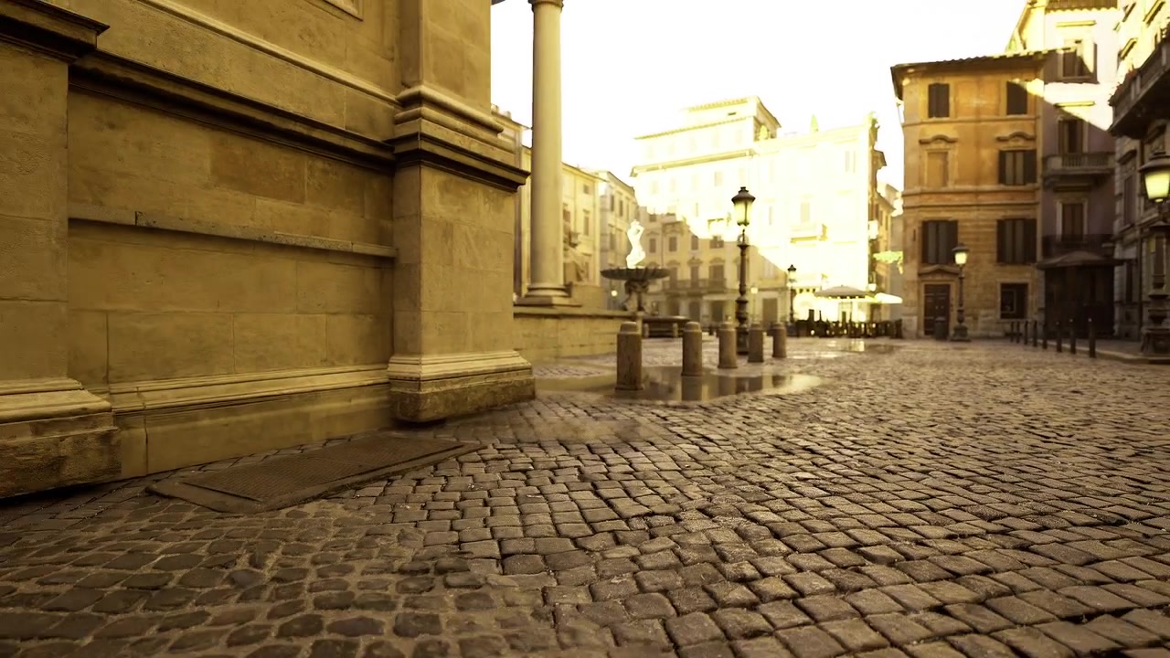 Sendero urbano con iluminación cálida y primer plano texturizado que realza la intimidad