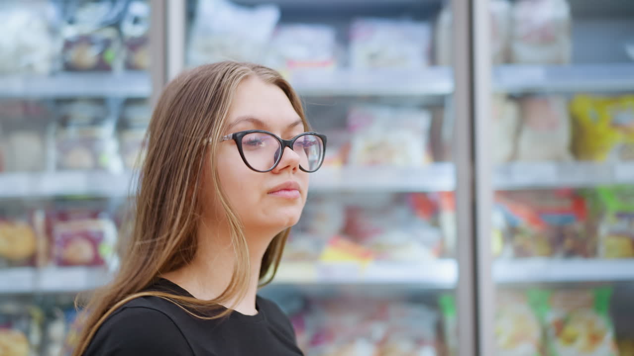 vista lateral de primer plano de una mujer con camiseta negra y gafas mirando a su derecha mientras camina más allá de una vitrina llena de mercancías en un centro comercial bien iluminado, parece centrada y comprometida con su entorno