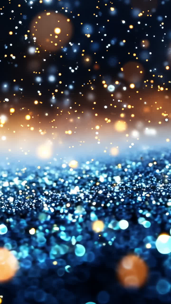 A blue sky with a lot of snow and bright lights. The sky is filled with snowflakes and the lights are scattered throughout the sky. Vertical video