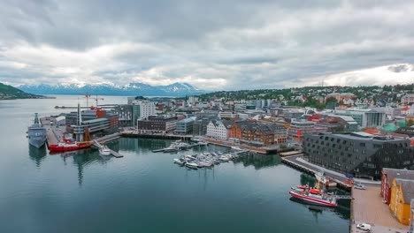 View-of-a-marina-in-Tromso,-North-Norway