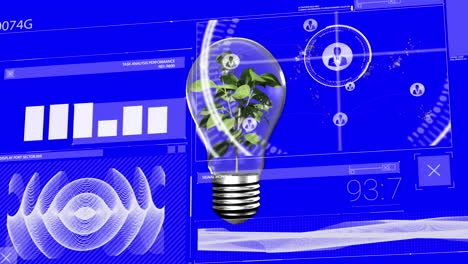 animación del procesamiento de datos sobre una bombilla con una planta sobre fondo azul