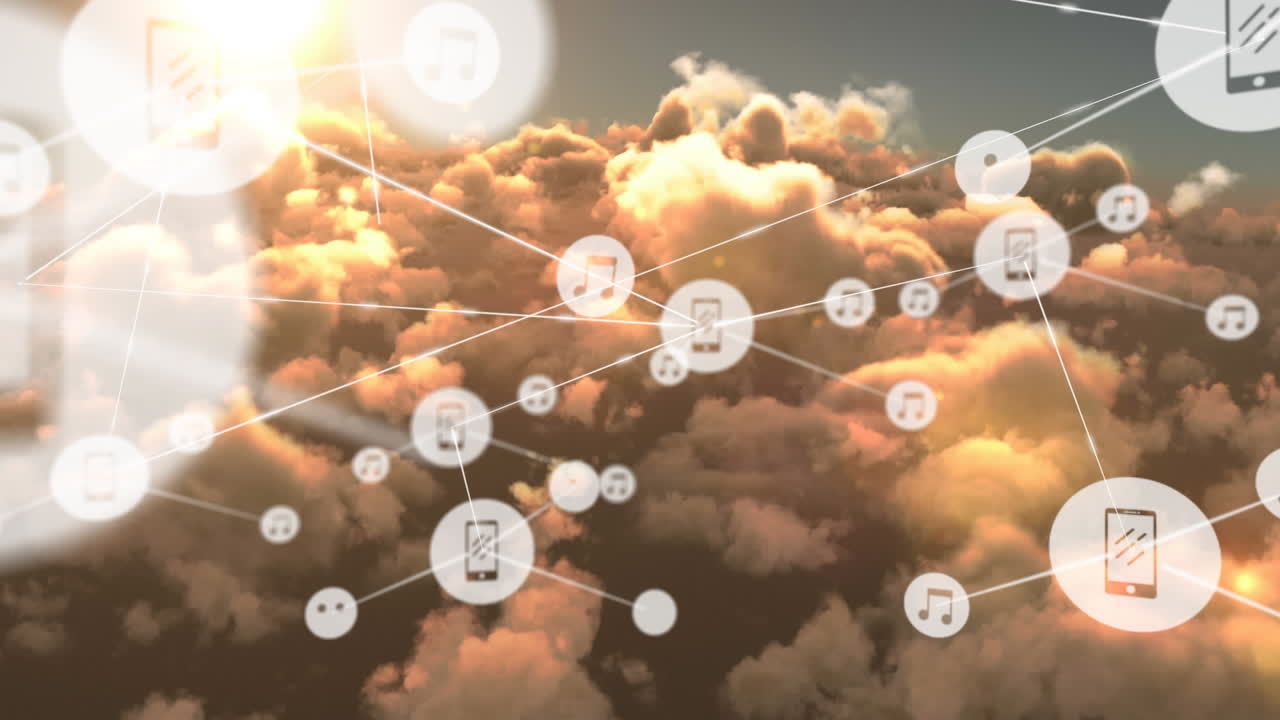 animación de la red de conexiones con iconos sobre nubes