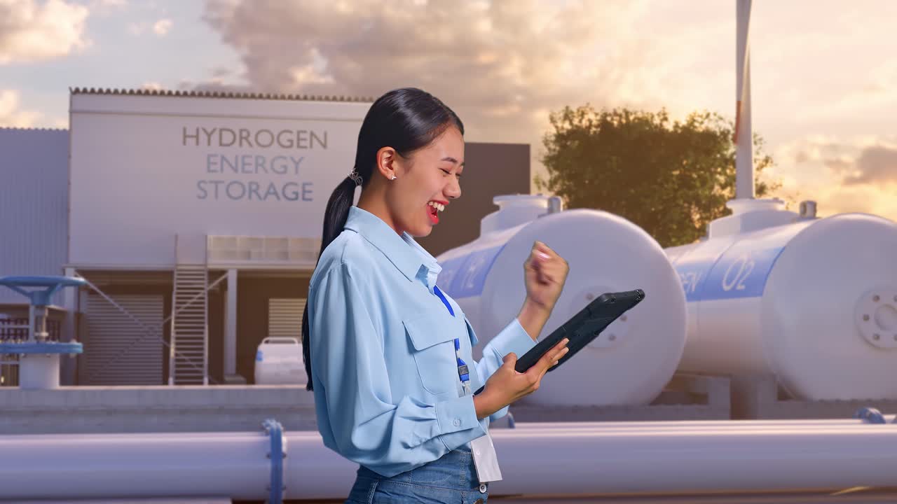 하이테크 산업 시설인 녹색 수소 공장에서 태블릿을 들고 서있는 아시아 여성 직업 노동자의 측면 뷰.