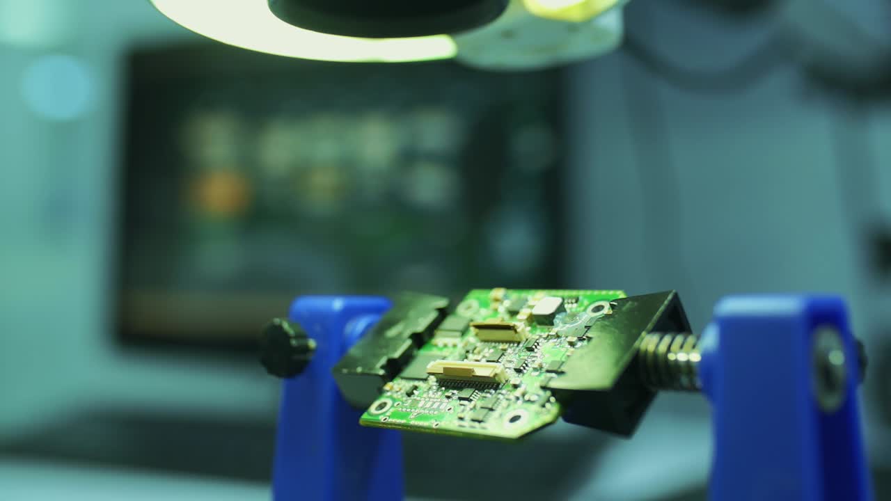 Soldering is done on the microchips in the factory with a soldering machine. electronic working hands.2.