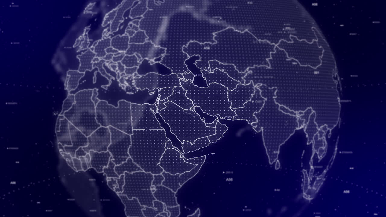 영화적 인 비디오 배경 은 쿠웨이트 나라 를 확대 하여 회전 하는 디지털 지구 를 보여 줍니다