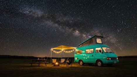 a magical night under the stars: a cozy camping experience with a vintage van surrounded by the milky way and flickering campfire lights