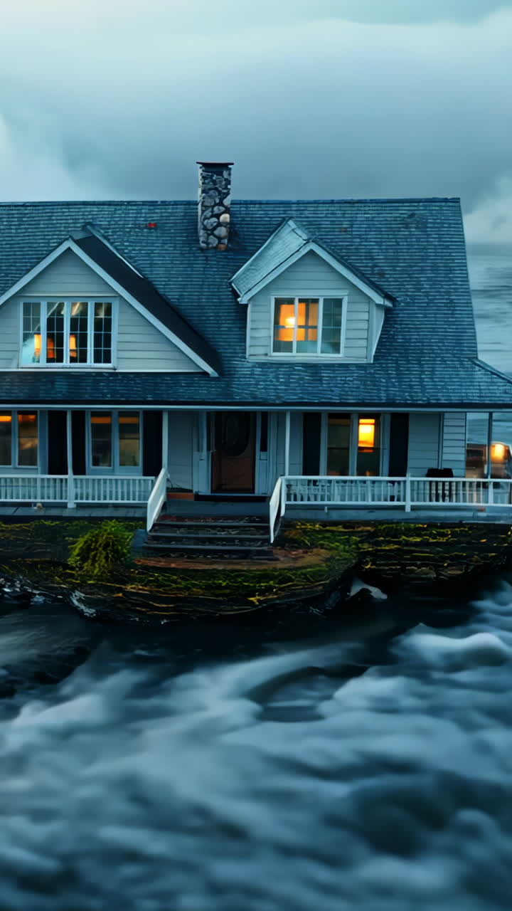 A house is floating on top of a body of water. The house is small and he is in a state of disrepair. The water is choppy and the sky is cloudy. Scene is one of chaos and destruction
