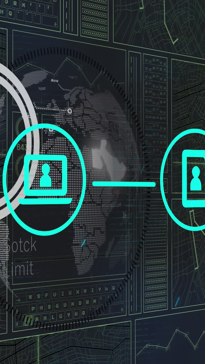 animación de procesamiento de datos e iconos de medios en fondo negro