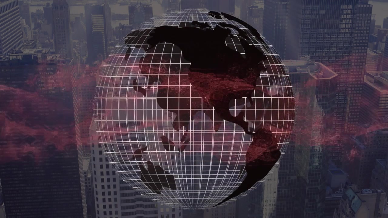 Al inicio, un globo de malla girando en sentido horario mientras una niebla roja se arremolina, ilustrando el flujo global de datos