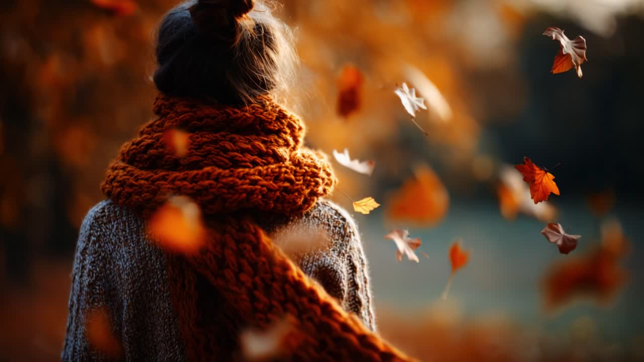 A Serene Autumn Scene: Capturing the Beauty of Falling Leaves and Cozy Textiles, as a Woman Embraces Nature in Warm Scenery with a Flowing Scarf Amidst Vibrant Colors