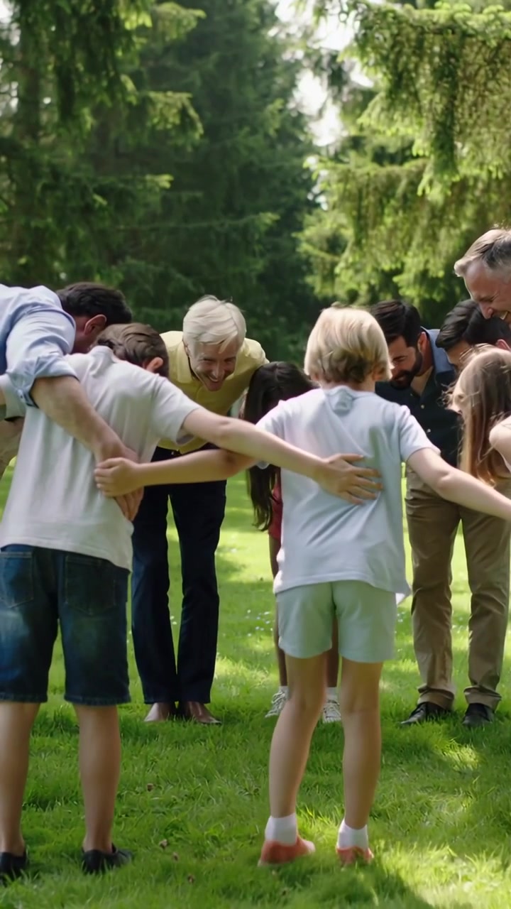 Vertical video: Holding hands, two boys starting family cheer on lawn, linking arms and bending