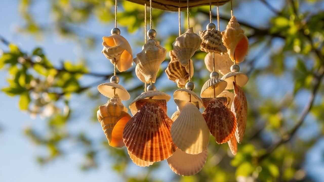 A Beautiful Display of Coastal Shells Hanging in Sunlight, Showcasing the Natural Beauty of Shell Structures Against a Lush Green Background