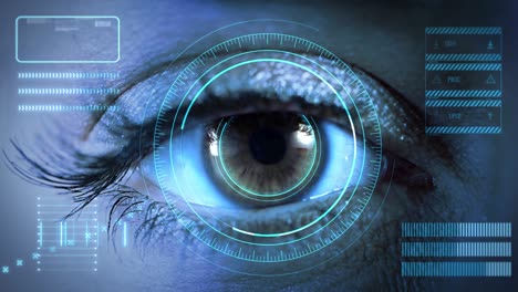 futurístico monitor de animación de ojo hud en el ojo de la cara con código y holograma de información.