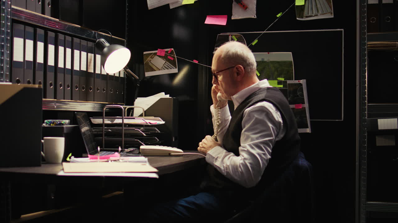 Detective Working in Dark Office