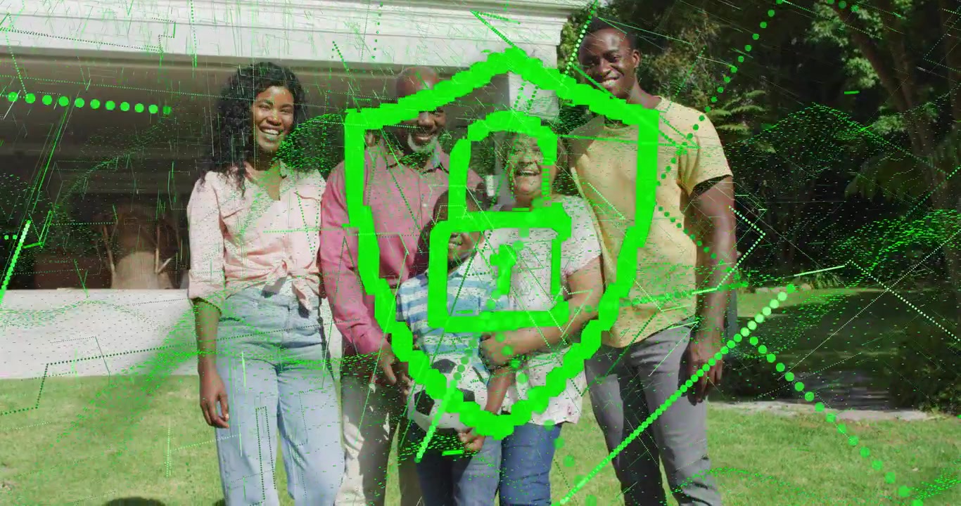 Family posing with soccer ball, camera causing green network forming shield for home security