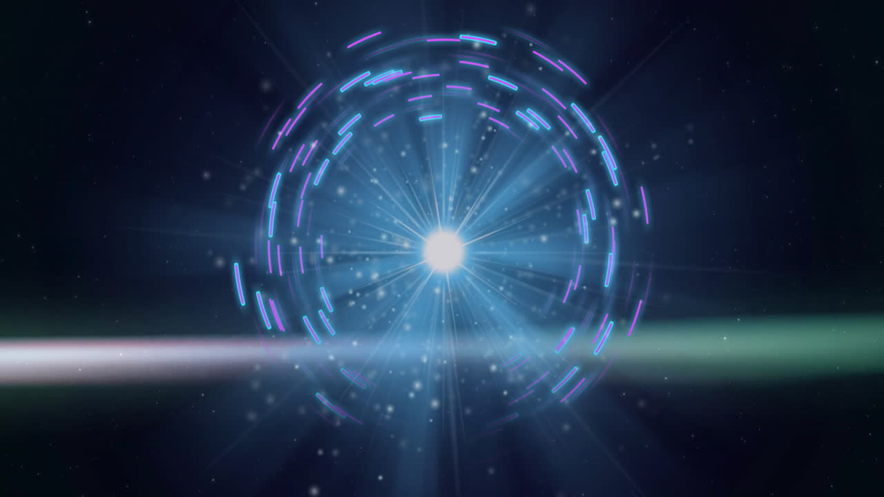 Radiating beams and sparkling particles in glowing circular light animation