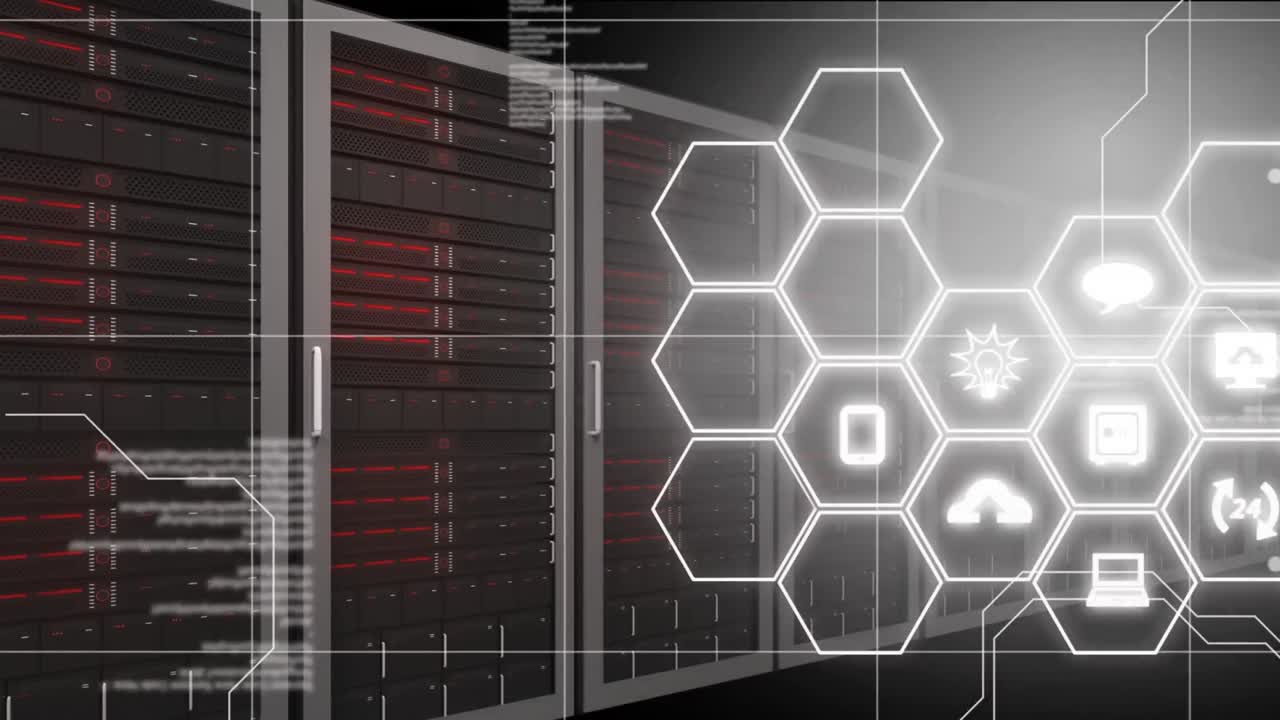 Animation of data processing and media icons over server room