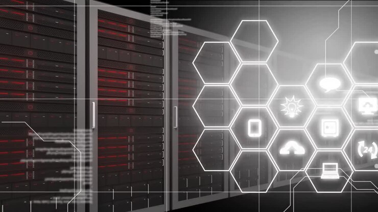 Animation of data processing and media icons over server room