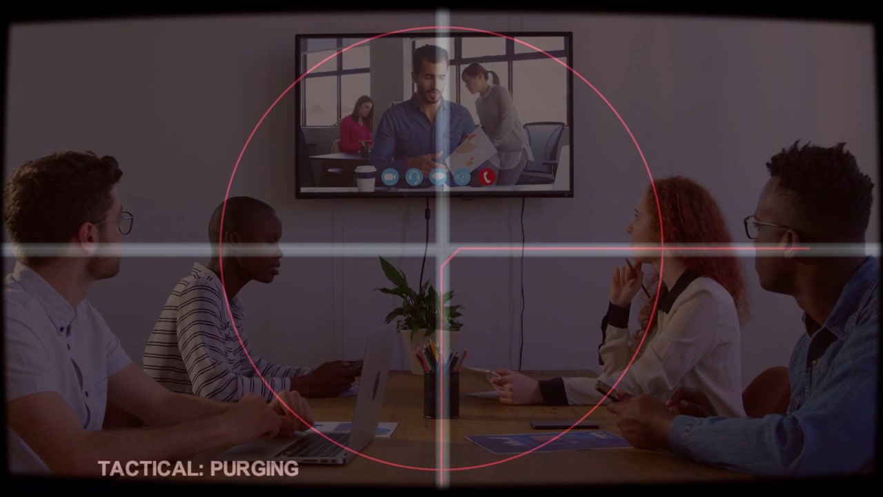 Business team watching host speaking, activating HUD tracing crosshair to monitor plant for purge