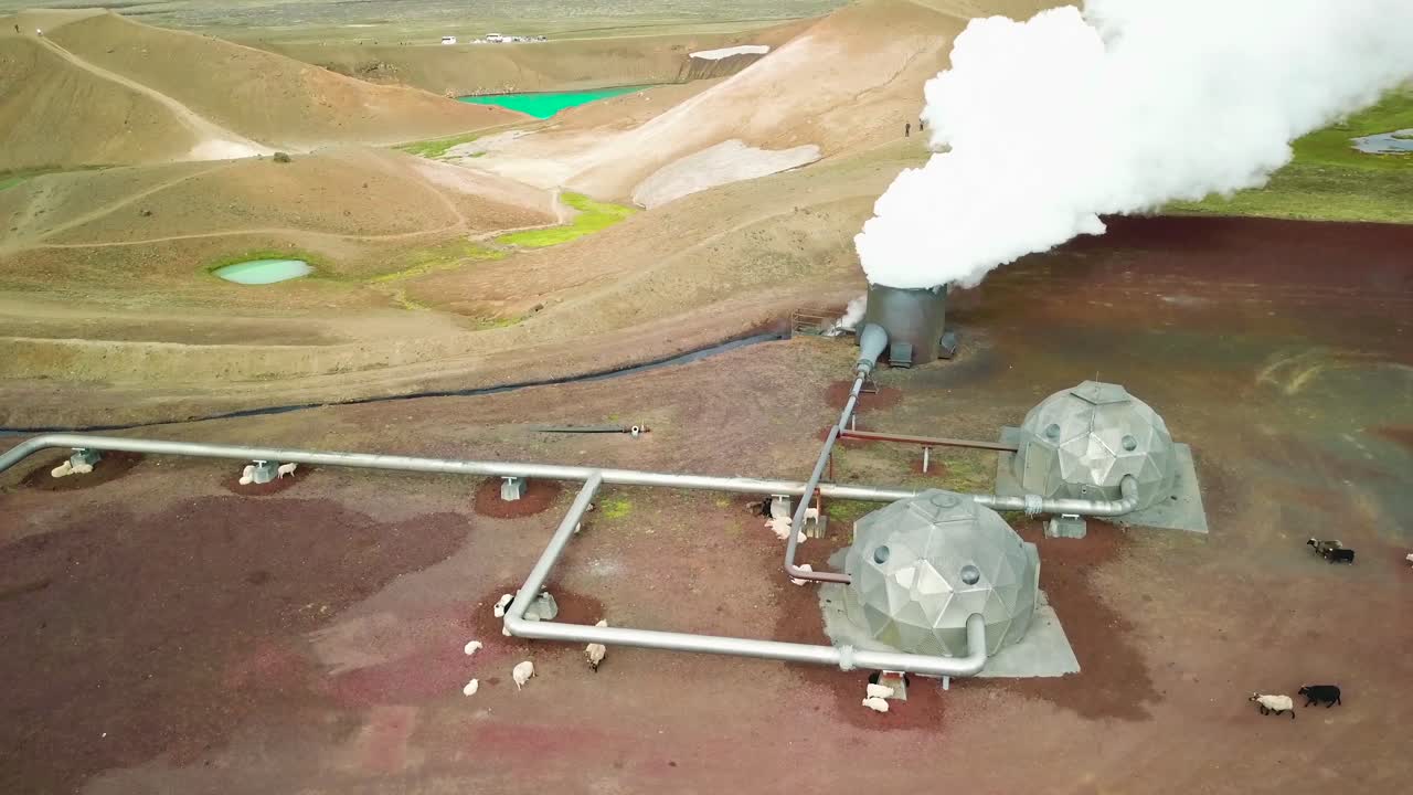 아이슬란드의 크라플라 지열 지역의 아름다운 드론 샷, 파이프 김이 나는 통풍구와 양들이 몸을 따뜻하게 하는 모습 1