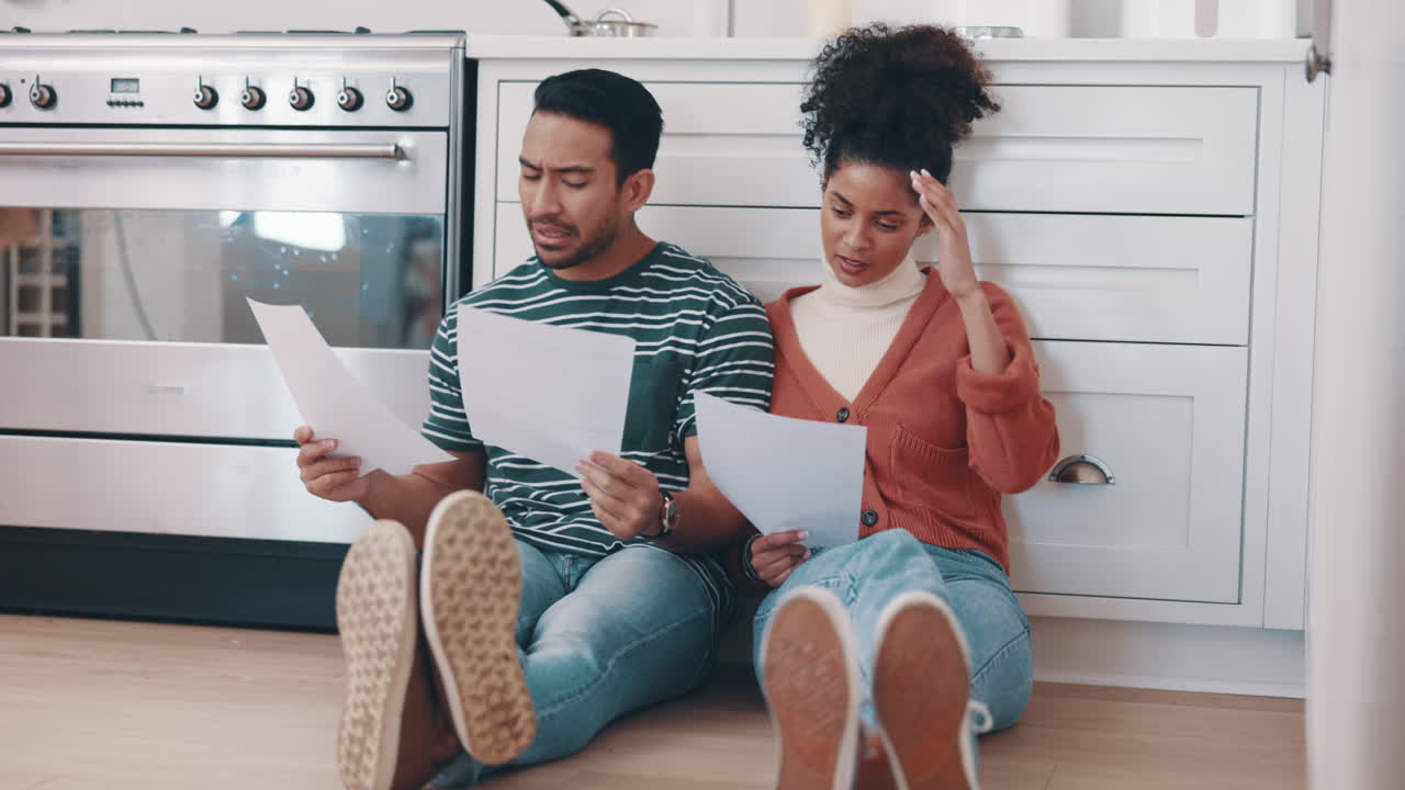 Kitchen, finance and couple with documents