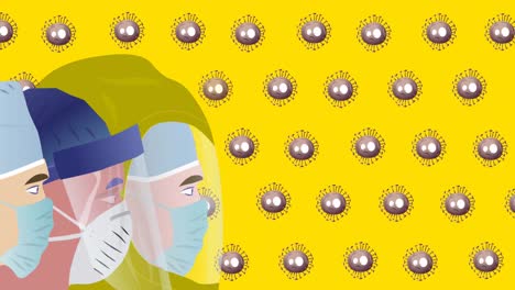 Animation-of-diverse-people-with-face-masks-and-virus-cells-on-yellow-background