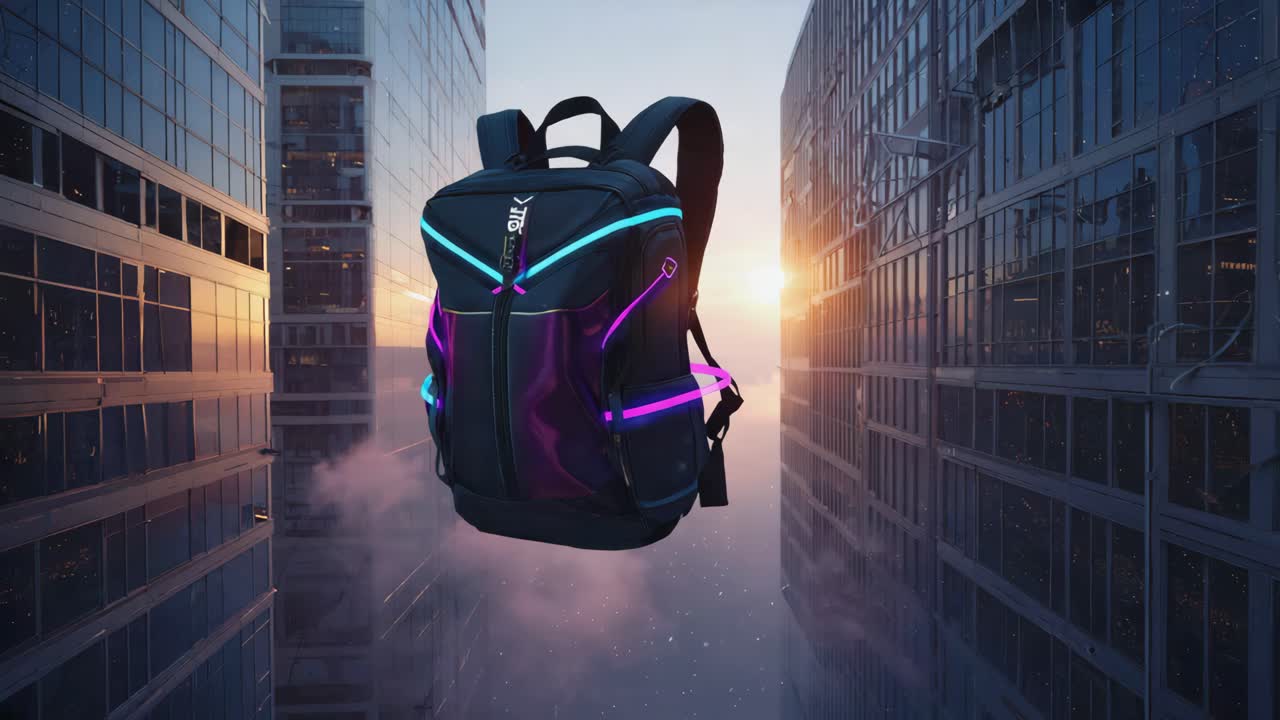 Futuristic Backpack in an Urban Cityscape