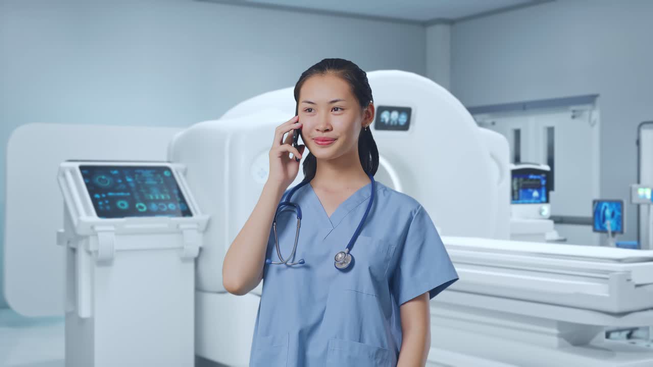 Asian Female Doctor Talking On Smartphone While Standing With Mri Machine