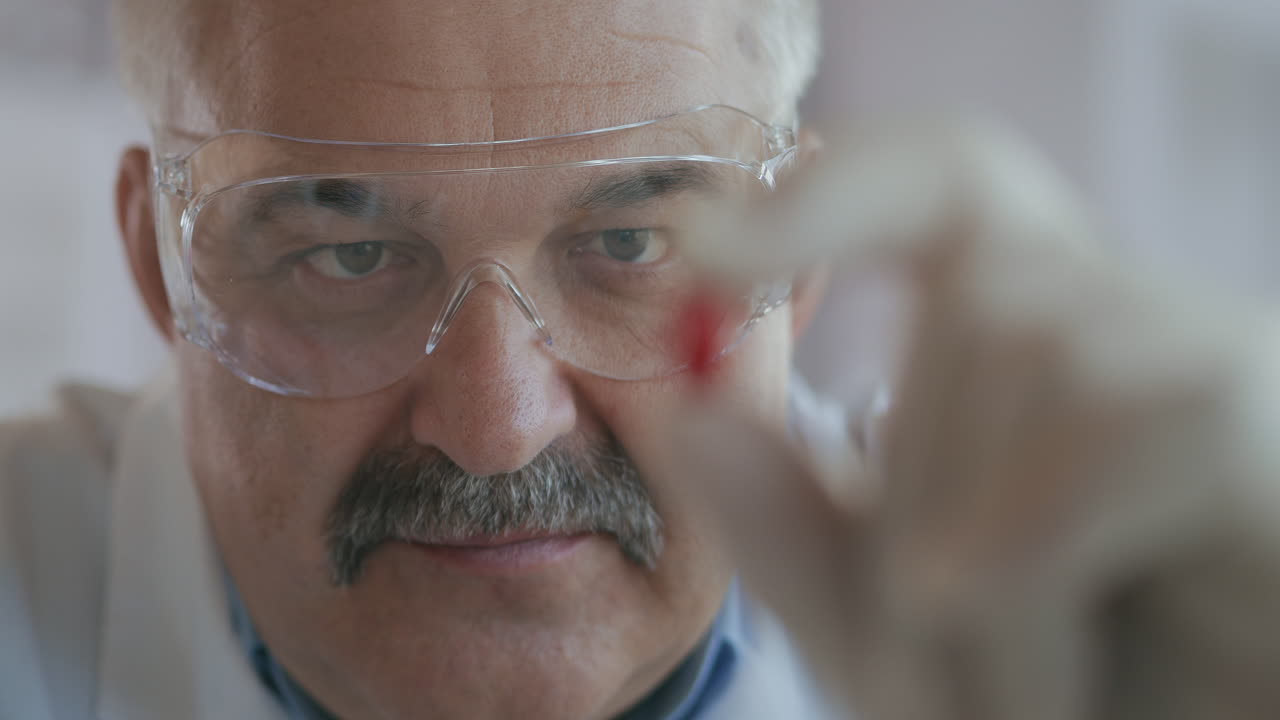 un científico masculino sostiene una píldora roja en sus manos y la mira de cerca en cámara lenta. imágenes de alta calidad 4k