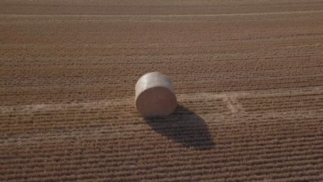 orbiting aerial of morning sun on golden hay bale in freshly cut field