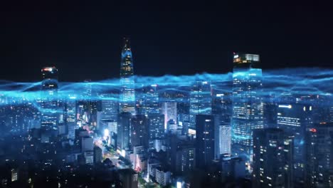 a stunning aerial view of a modern cityscape illuminated by dynamic blue light patterns at night, showcasing high-rise buildings and vibrant urban life