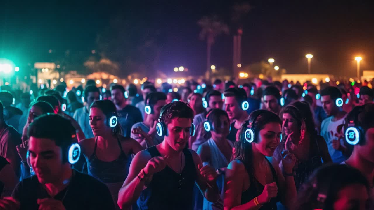 A Vibrant Silent Disco Experience: Partygoers Unite in Rhythm as They Dance to Their Own Beats Underneath the Night Sky's Colorful Lights