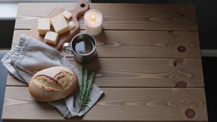Pulling back camera revealing left tabletop still life near window, showing bread, cheese, candle