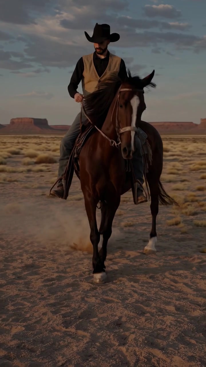 Cowboy a cavallo attraverso un paesaggio desertico al tramonto