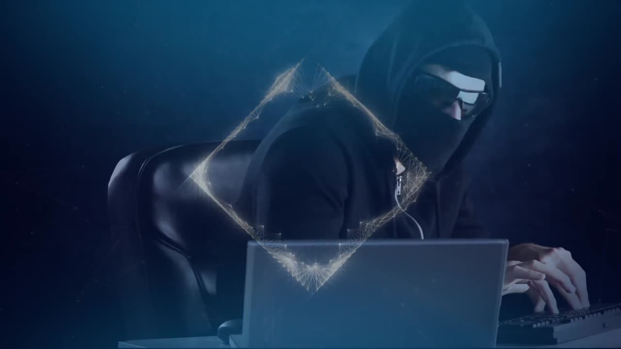 어두운 방에서 노트북과 컴퓨터를 사용하는 가면을 입은 해커와 함께 데이터 처리 애니메이션