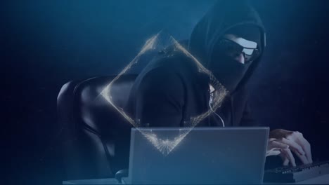 animación del procesamiento de datos, con un hacker enmascarado usando computadora portátil y computadora en una habitación oscura