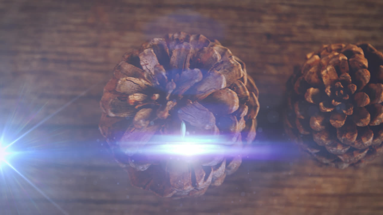 animación de luces brillantes que se mueven sobre conos de abeto decoraciones de navidad