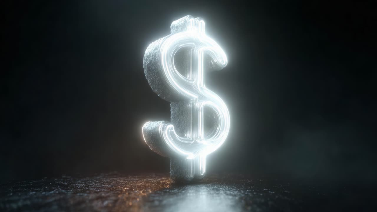 A Glowing Dollar Sign: A Stunning Visualization of Currency Symbolism with a Captivating Light Effect in a Dimly Lit Environment