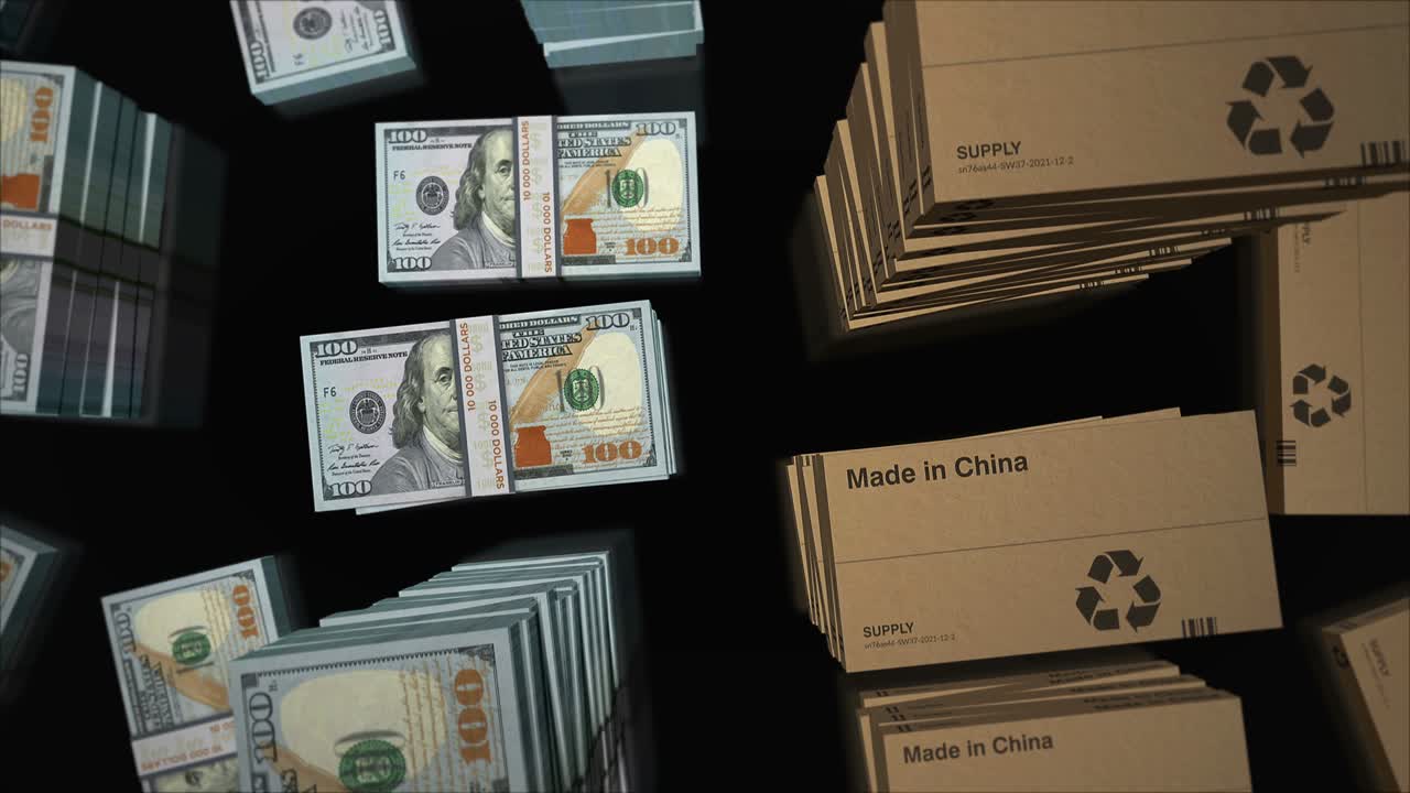 중국 상자 및 달러  루프 3d 애니메이션